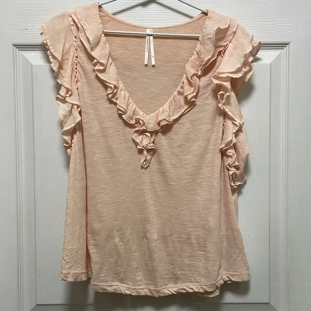 ANTHROPOLOGIE | Pink | Ruffled | Sleeveless | V-Neck | T-Shirt Blouse | Size M - Picture 2 of 14